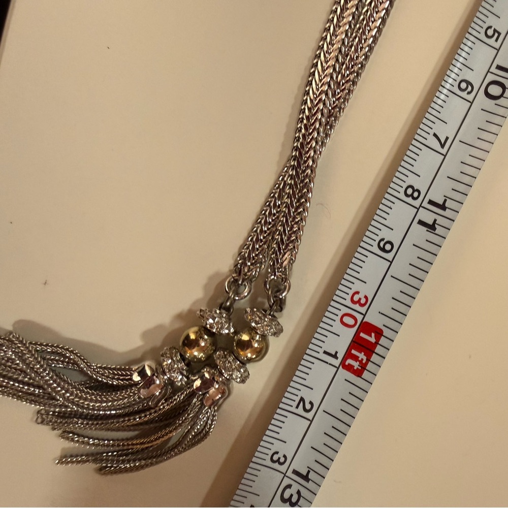 Monet 1960’s Silver Modernist Minimalist Lariat Necklace Bolo tie tassels - Picture 12 of 17